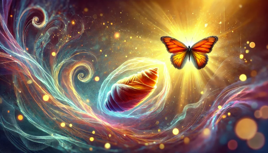 A symbolic image of transformation featuring a butterfly emerging from a cocoon, bathed in soft glowing light. The vibrant natural colors represent personal growth, renewal, and breaking free from old patterns.