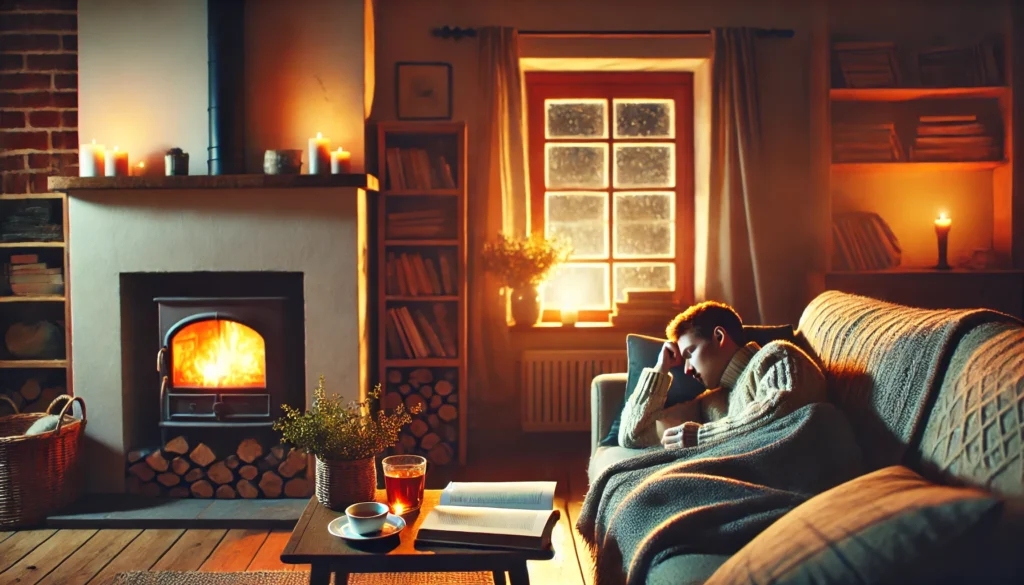 A cozy living room with soft lighting, where a person is curled up on a plush couch with a blanket, sipping tea while reading a book. A crackling fireplace adds warmth, and a sleepy cat rests nearby, creating a comforting and relaxing space.