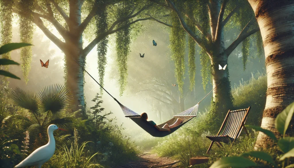 A tranquil nature scene with a person lying in a hammock between two trees, gently swaying. The setting is surrounded by lush greenery, with birds and butterflies adding to the peaceful atmosphere. Soft sunlight filters through the leaves, creating a calm and relaxing mood.