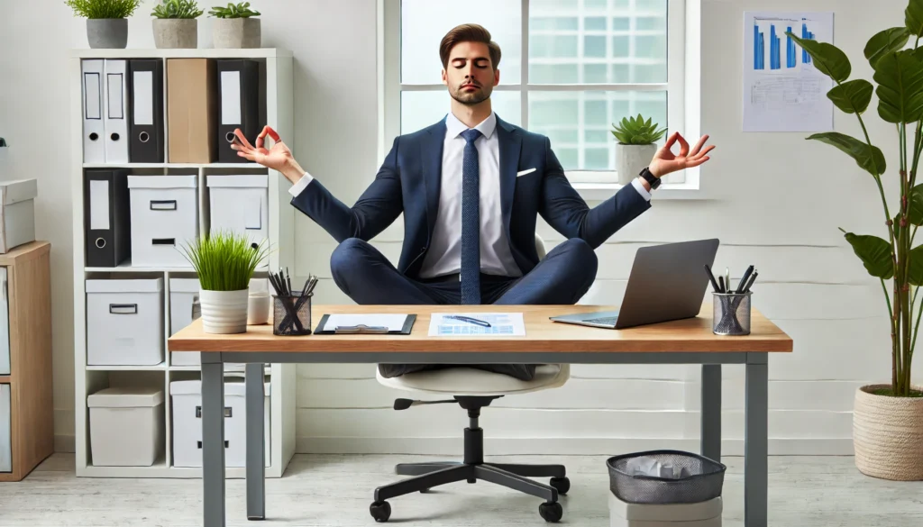 An office worker practicing desk meditation at a clean and organized desk, demonstrating a relaxed posture and peaceful expression for workplace mindfulness.