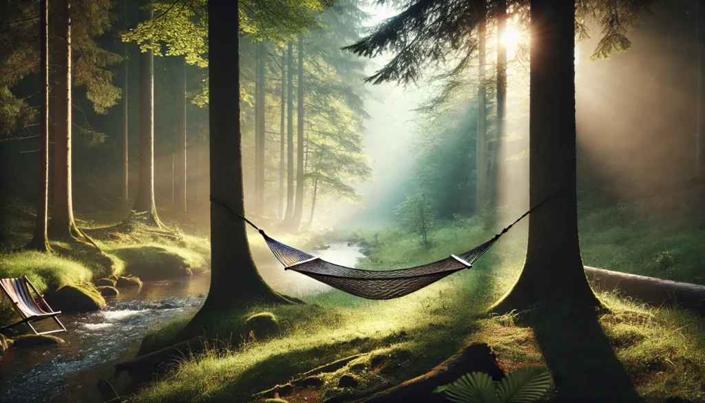 A misty forest clearing bathed in soft morning light, featuring a hammock tied between two trees. A gentle stream flows in the background, enhancing the peaceful and meditative ambiance.