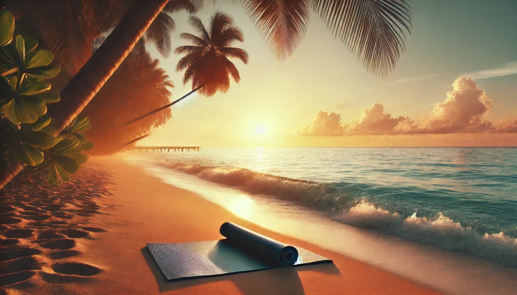 A quiet beach at sunrise, where gentle waves touch the shore. A yoga mat is positioned on the sand, facing the ocean, while palm trees sway lightly in the breeze, evoking deep relaxation.