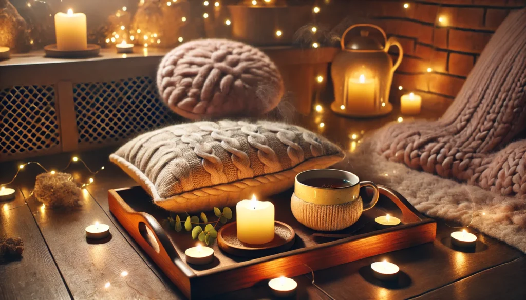 A warm and cozy indoor space with a plush meditation cushion, a flickering candle, and soft fairy lights. A steaming cup of herbal tea rests on a wooden tray, creating a tranquil and inviting ambiance.