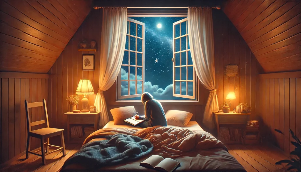 A cozy bedroom with a person journaling on a bed under soft blankets, illuminated by a warm lamp and with an open window revealing a clear night sky, symbolizing self-expression, comfort, and motivation in a safe space.