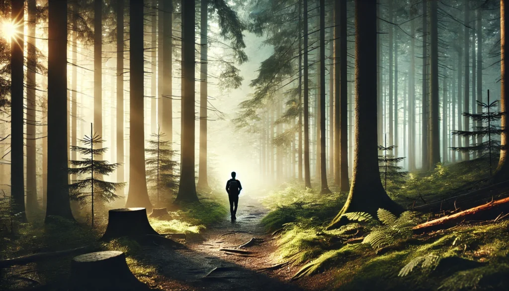 A person walking through a misty forest trail during early morning, surrounded by tall trees and soft light filtering through, symbolizing mindfulness, solitude, and drawing strength from nature.