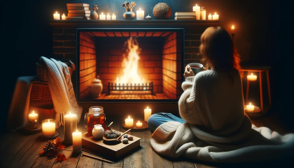 A person sitting by a fireplace in a dimly lit room with a warm blanket and a cup of tea, surrounded by books and candles, symbolizing relaxation, self-care, and finding motivation in comforting moments.