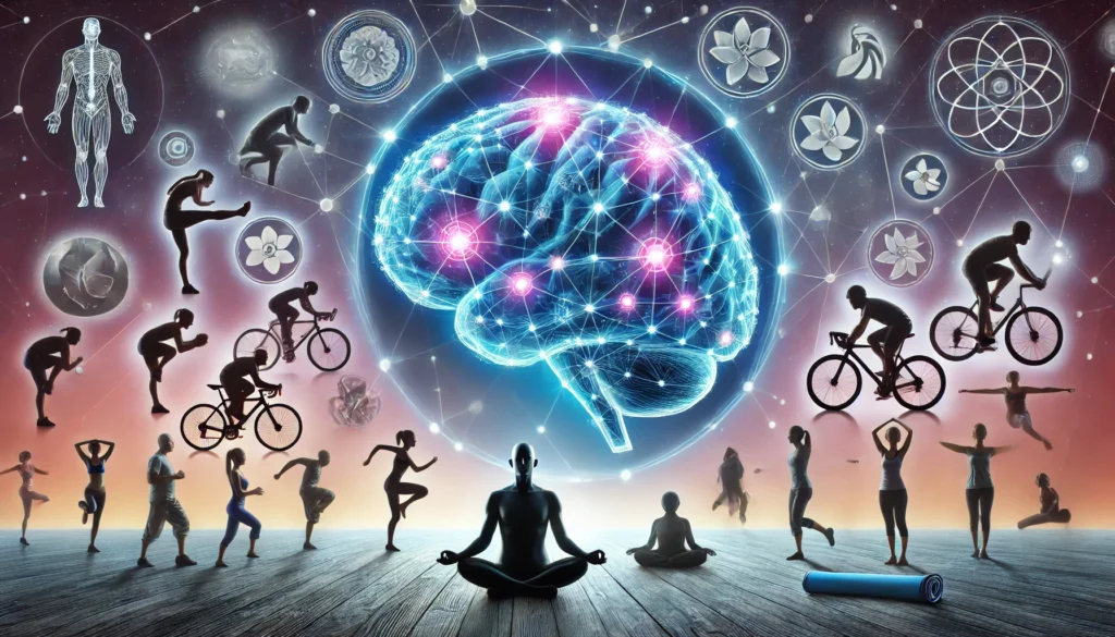 A futuristic digital representation of a human brain with glowing neural connections, surrounded by silhouettes of people engaged in various exercises like yoga, cycling, and running. The image illustrates the link between physical activity and cognitive enhancement.