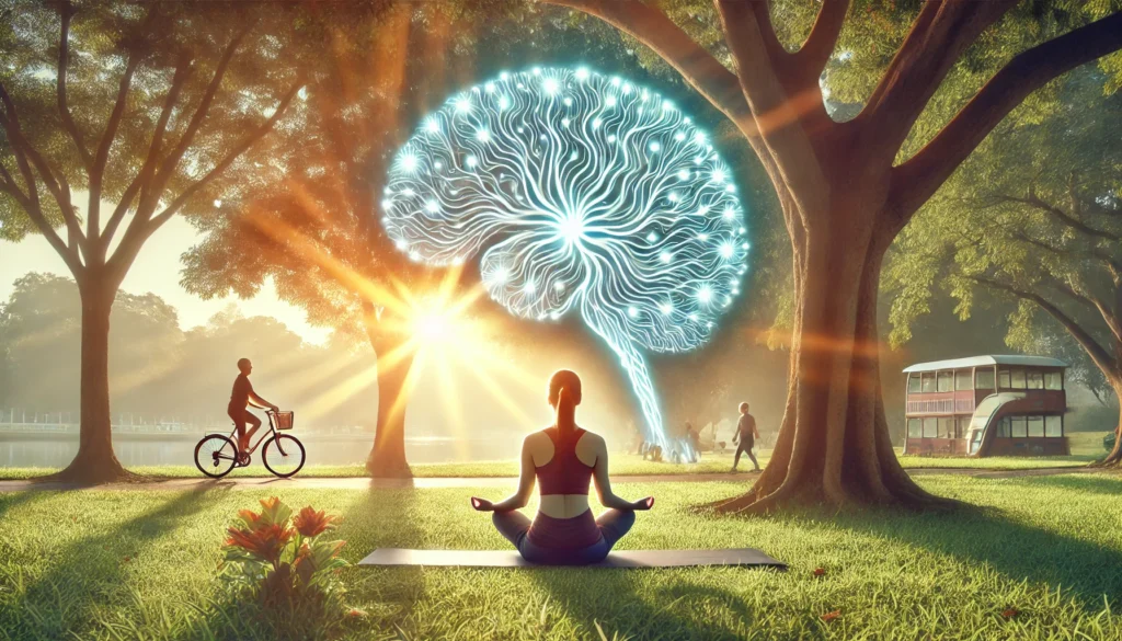 A serene park scene with a person practicing yoga in the morning sunlight, with subtle glowing neural pathways radiating from their head. The image symbolizes the mental clarity and cognitive benefits gained from regular exercise.