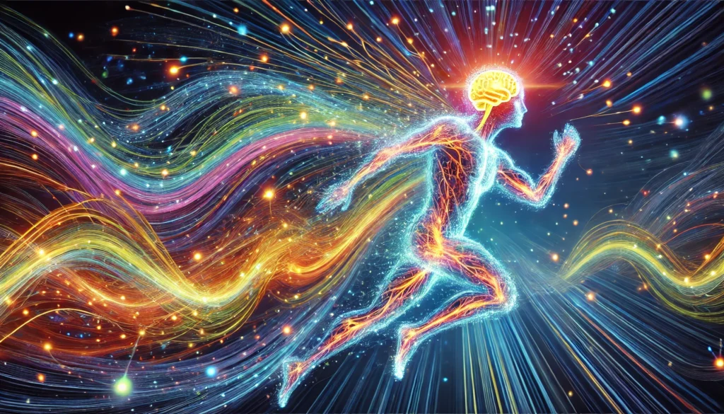 A symbolic artistic representation of a human figure in motion, with trails of light forming neural connections behind them. The vibrant energy waves emphasize the connection between physical activity, brain health, and cognitive strength.