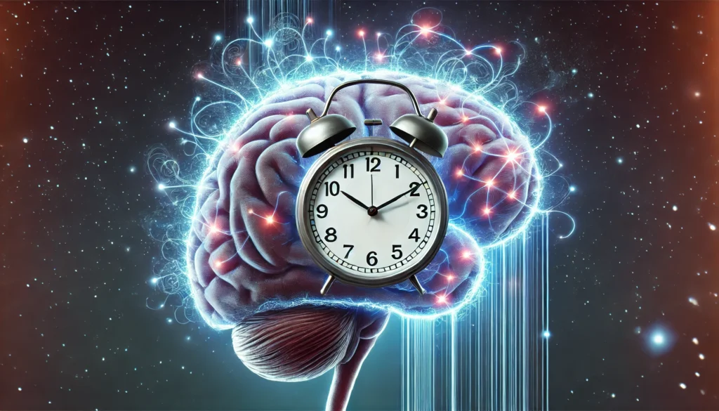 A conceptual representation of a brain with glowing neural pathways forming in sync with a rotating clock. The image symbolizes how fixing a bad sleep schedule strengthens cognitive function and enhances memory retention.