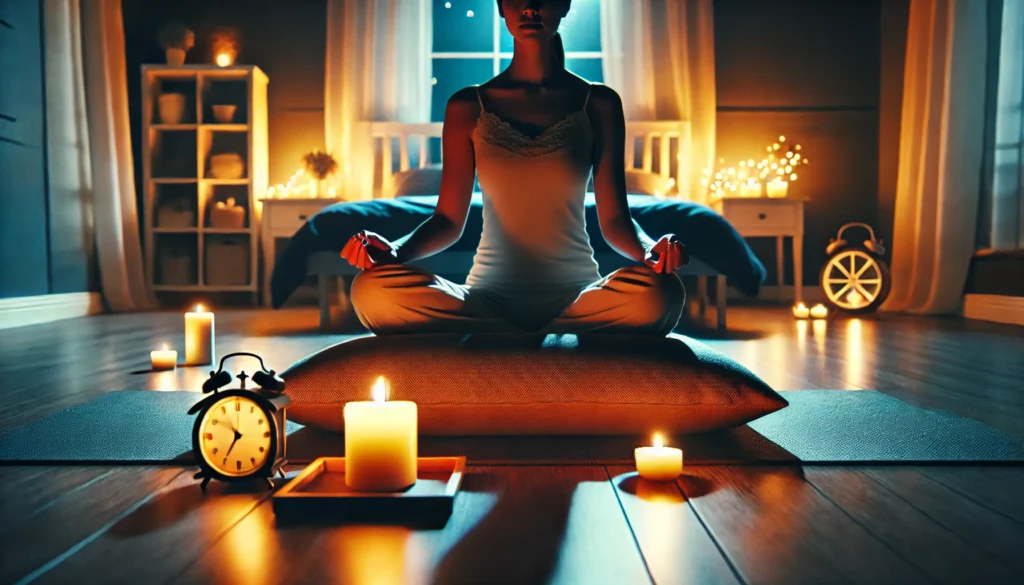 A serene nighttime setting with a person practicing meditation before bed, sitting on a soft cushion with candles and dim lighting in the background. The image represents mindfulness techniques for improving sleep quality and brain function.