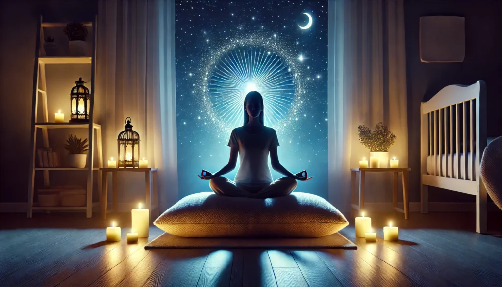 A serene night setting with a person meditating before bed, sitting on a soft cushion in dim lighting, surrounded by candles. The image represents mindfulness and relaxation techniques to prevent nighttime awakenings and improve sleep quality.