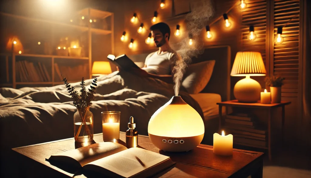 A cozy nighttime routine scene with a person reading a book in bed, surrounded by warm lighting and a diffuser emitting a soft mist. The peaceful atmosphere represents the importance of sleep rituals in improving memory and neural pathway strength.