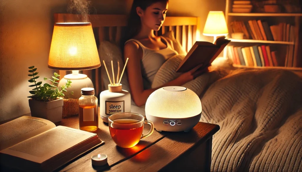 A cozy nighttime routine setting with a person reading a book in bed, a cup of herbal tea on the nightstand, and a diffuser emitting a soft mist. The warm lighting and calm atmosphere represent the role of sleep hygiene in enhancing brain health and cognitive function.