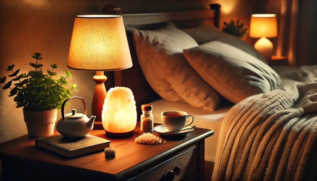 A cozy bedroom with a warm ambiance, featuring a bedside table with a glowing salt lamp, a book, and an herbal tea cup. The soft lighting and comfortable setting emphasize a relaxing bedtime routine for better sleep and mental well-being.