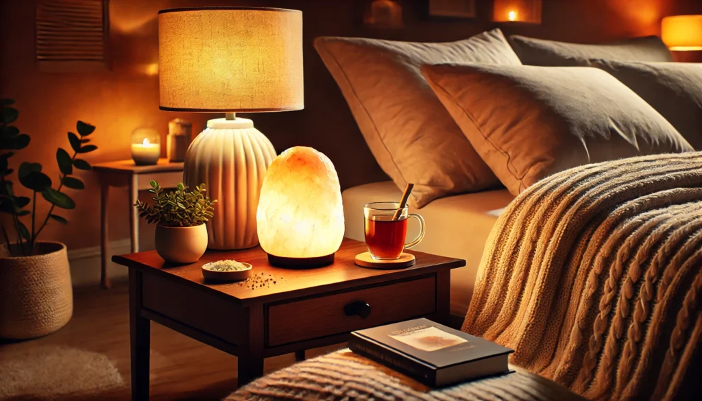 A cozy bedroom with a warm ambiance, featuring a bedside table with a glowing salt lamp, a book, and an herbal tea cup. The soft lighting and comfortable setting emphasize a relaxing bedtime routine for uninterrupted sleep and deep rest.