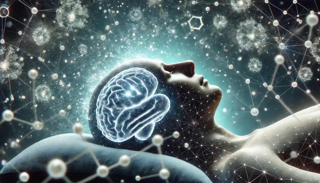 A futuristic digital representation of a human brain in REM sleep, surrounded by floating molecular structures and neural sparks. The image symbolizes the scientific connection between deep sleep, memory consolidation, and brain repair.