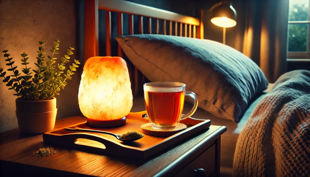 A calming nighttime routine scene featuring a cup of herbal tea on a bedside table, next to a glowing salt lamp. The warm and cozy atmosphere highlights the benefits of drinking herbal tea before sleep to support brain health and memory retention.