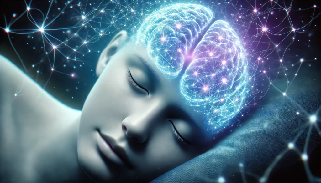 A futuristic digital visualization of a human brain during deep sleep, with neural pathways glowing and strengthening. The soft blue and purple hues symbolize the restorative power of sleep in optimizing memory and cognitive function.