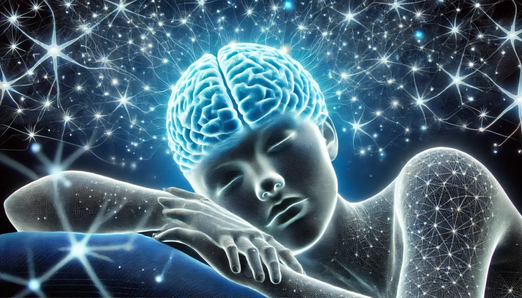 A futuristic digital representation of a brain in deep sleep, surrounded by glowing neural pathways strengthening during rest. The image symbolizes the connection between quality sleep and cognitive function improvement.