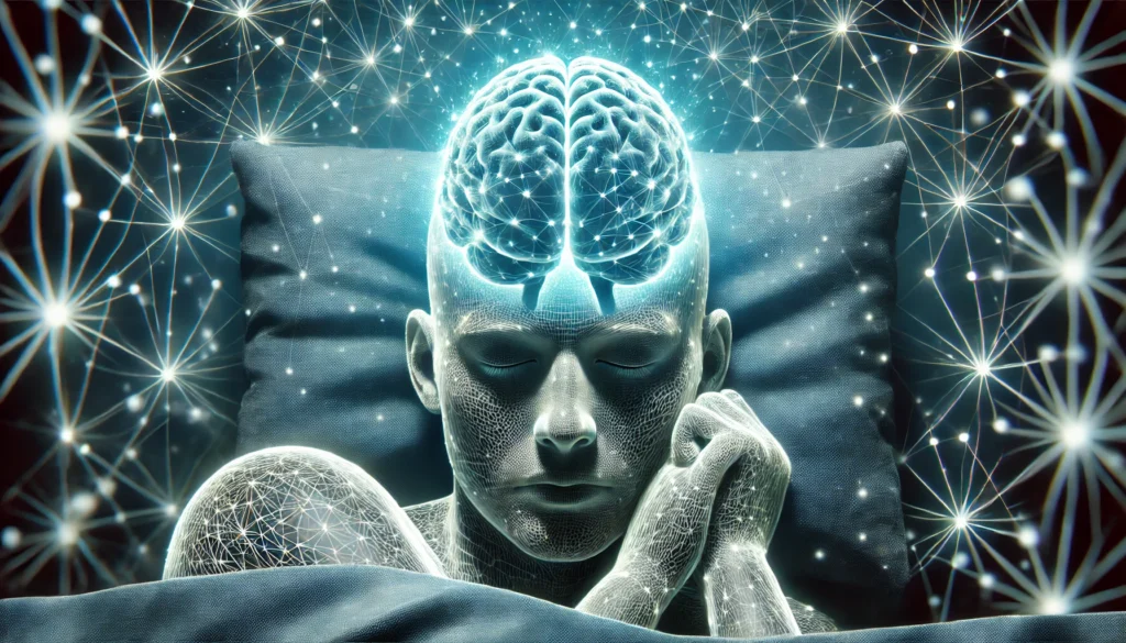 A futuristic digital representation of a human brain in deep sleep, surrounded by glowing neural pathways strengthening during the night. The image symbolizes the connection between uninterrupted sleep and cognitive function improvement.