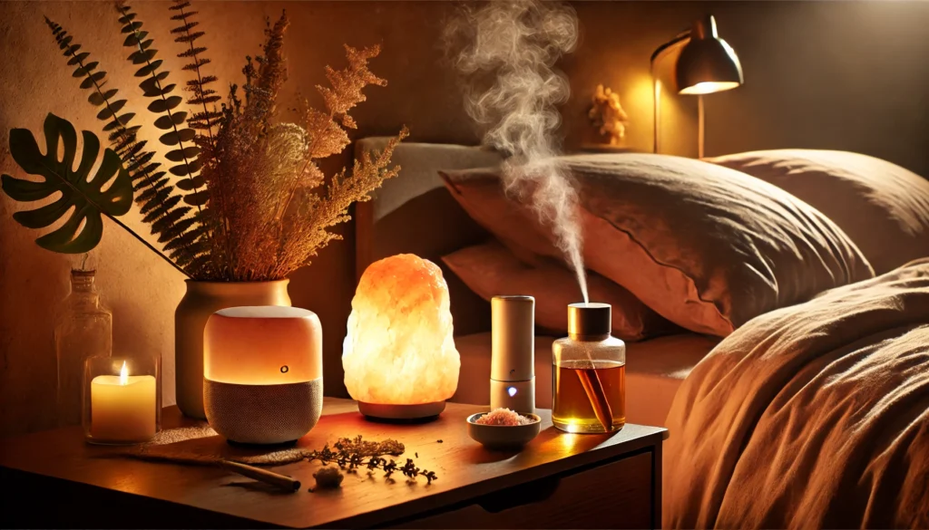 A tranquil nature-inspired bedroom with warm ambient lighting, featuring a bedside table with a glowing salt lamp, an herbal tea cup, and a diffuser emitting mist. The image highlights the role of a calming sleep environment in improving rest and cognitive function.