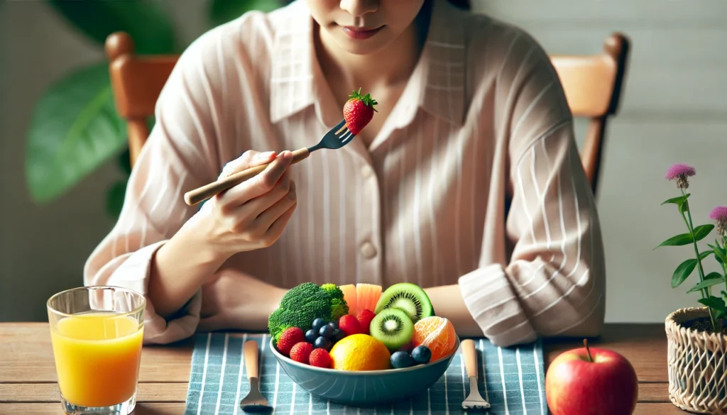 A person practicing mindful eating at a table, taking a slow, intentional bite of fresh fruits and vegetables. The colorful meal and deliberate focus symbolize mindfulness in daily activities for improving attention.