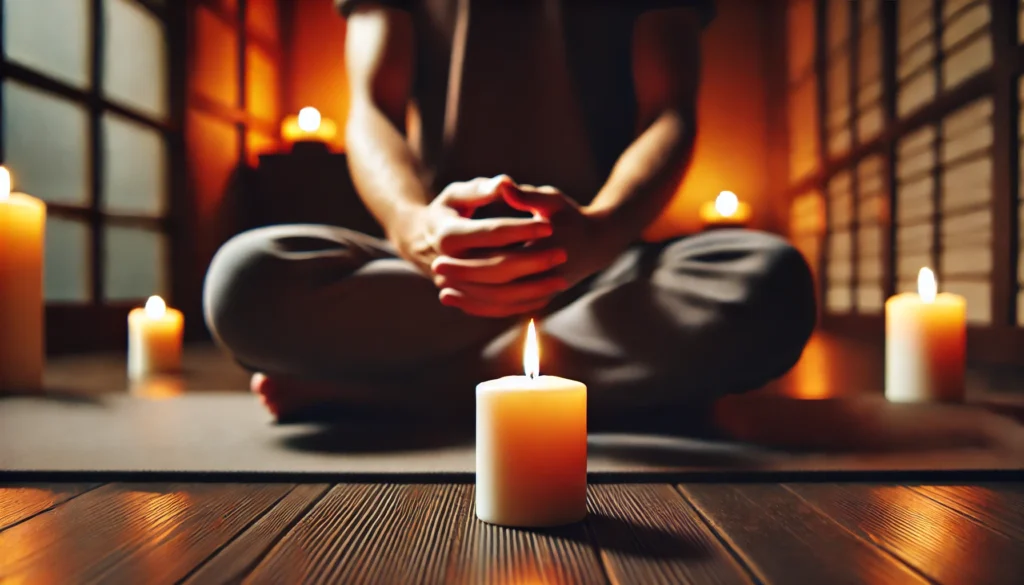 A person sitting cross-legged in a tranquil indoor meditation space, focusing on a small candle flame. The dim lighting and warm glow of the candle create a calming ambiance, representing the mindfulness technique of candle gazing for improving attention span.