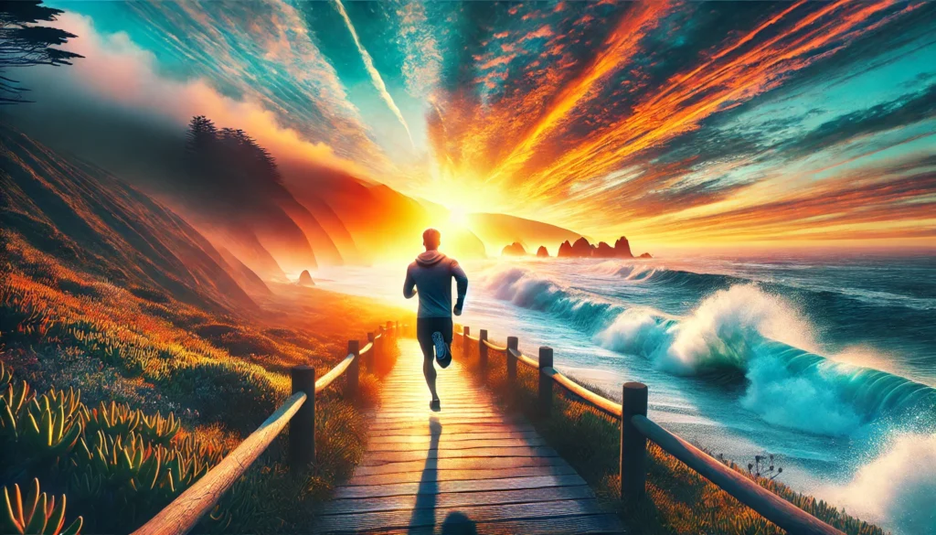 A man running on a scenic coastal trail during a vibrant sunset, with waves crashing along the shoreline, representing energy, determination, and perseverance in the pursuit of goals.