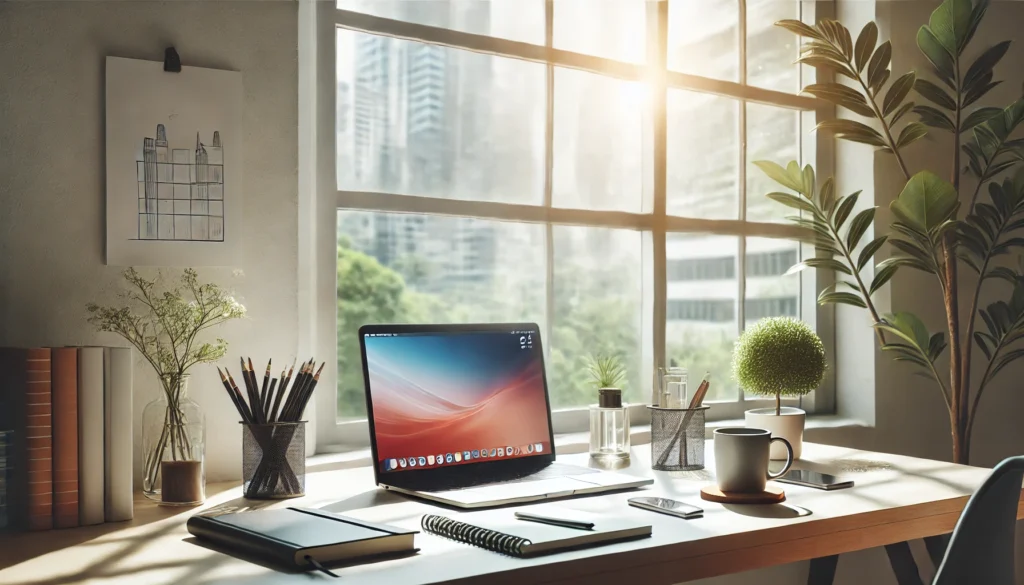 A bright and organized workspace by a large window with natural light streaming in, showcasing a laptop, notebook, and coffee cup. The clean and inviting atmosphere inspires focus, productivity, and motivation.