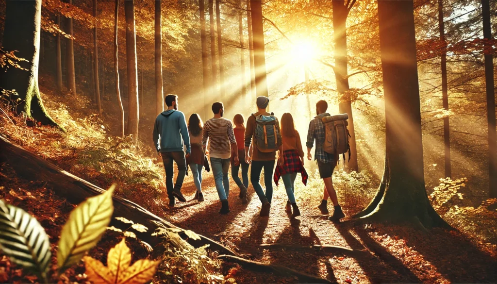 A group of diverse friends hiking together on a forest trail during autumn, with golden leaves and sunlight filtering through the trees, symbolizing teamwork, encouragement, and shared motivation.