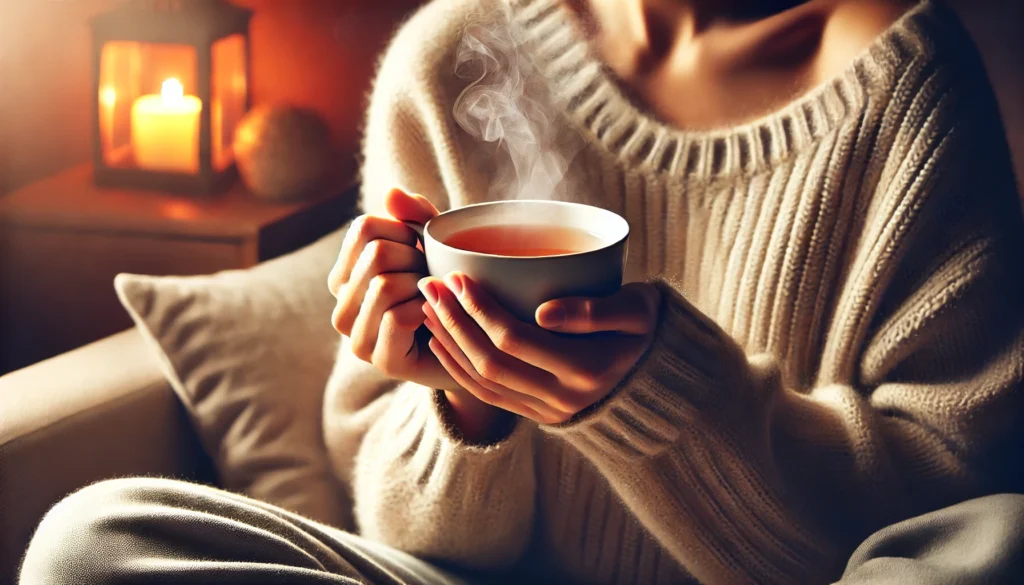 A person sitting comfortably with a cup of herbal tea, gently holding it with both hands. The warm steam rises, and the background has soft, cozy lighting, symbolizing immediate relaxation and anxiety relief.