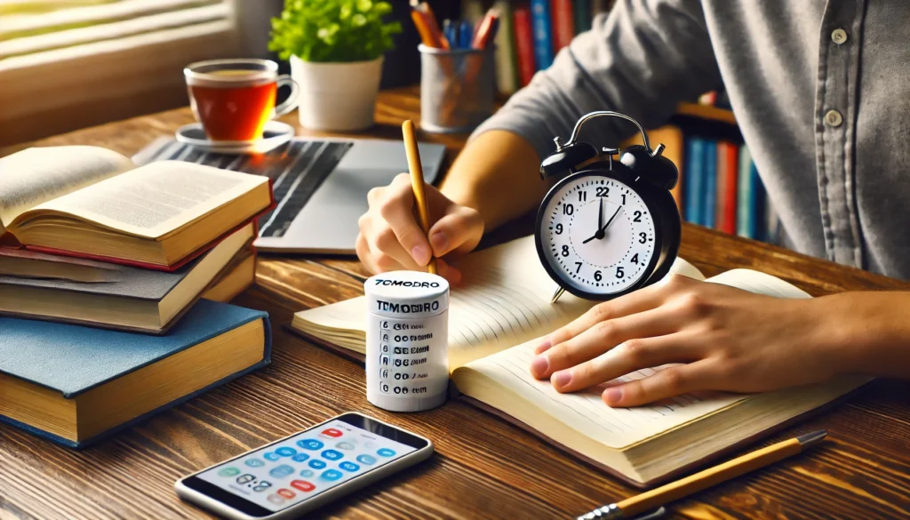 A student using a study timer on their desk, practicing the Pomodoro technique. The desk is neat with a clock displaying a countdown, books, and a cup of tea, symbolizing focused study sessions and minimized distractions.