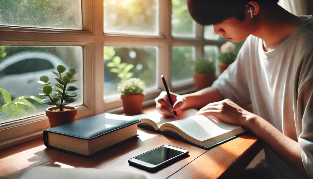 A peaceful study environment with a student sitting near a window, using natural light for focus. Their smartphone is placed face down on the table, and they are engaged in writing, symbolizing distraction-free studying.