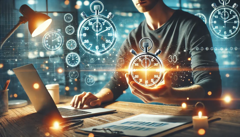 A person holding a glowing stopwatch while working at a desk, with floating digital clocks in the background, symbolizing efficient focus, time management, and enhanced productivity.