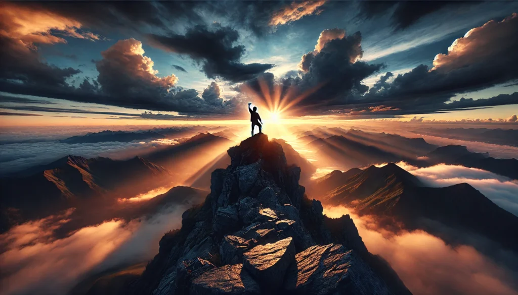 A person standing triumphantly on a mountain summit during sunset, with dramatic clouds and a panoramic view of valleys below, representing achievement, determination, and the drive to stay motivated.