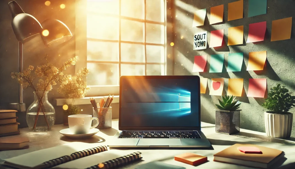 A clean and inspiring workspace with a laptop, motivational sticky notes, and a cup of coffee, illuminated by natural sunlight streaming through a large window, symbolizing focus, productivity, and staying motivated.