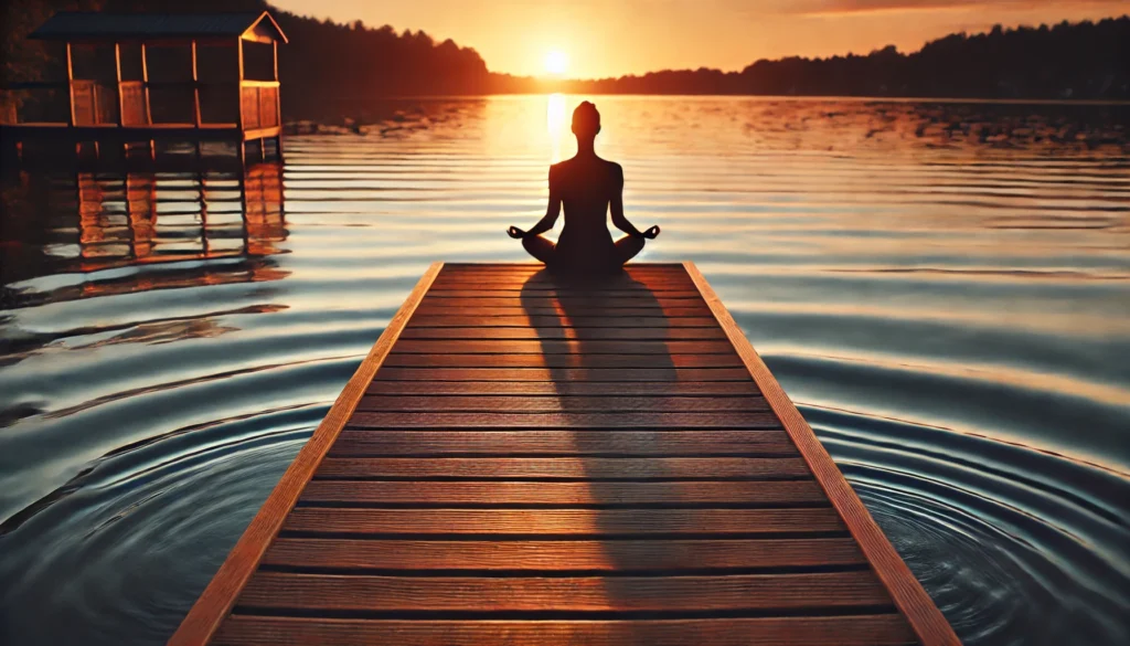 A peaceful lakeside scene at sunset, where a person sits on a wooden dock in a meditative pose, gazing at the gentle ripples on the water. The atmosphere reflects relaxation, mindfulness, and stress relief.