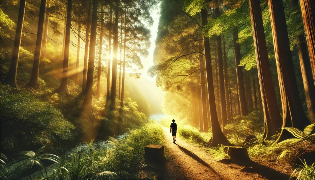 A lush forest pathway illuminated by golden sunlight, with a person walking calmly through the trees, taking in the fresh air. The scene symbolizes clarity, emotional balance, and overcoming anxiety through nature.