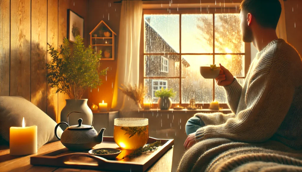 A cozy indoor setting where a person enjoys a warm cup of herbal tea by the window, watching raindrops fall outside. The environment conveys self-care, comfort, and emotional well-being.