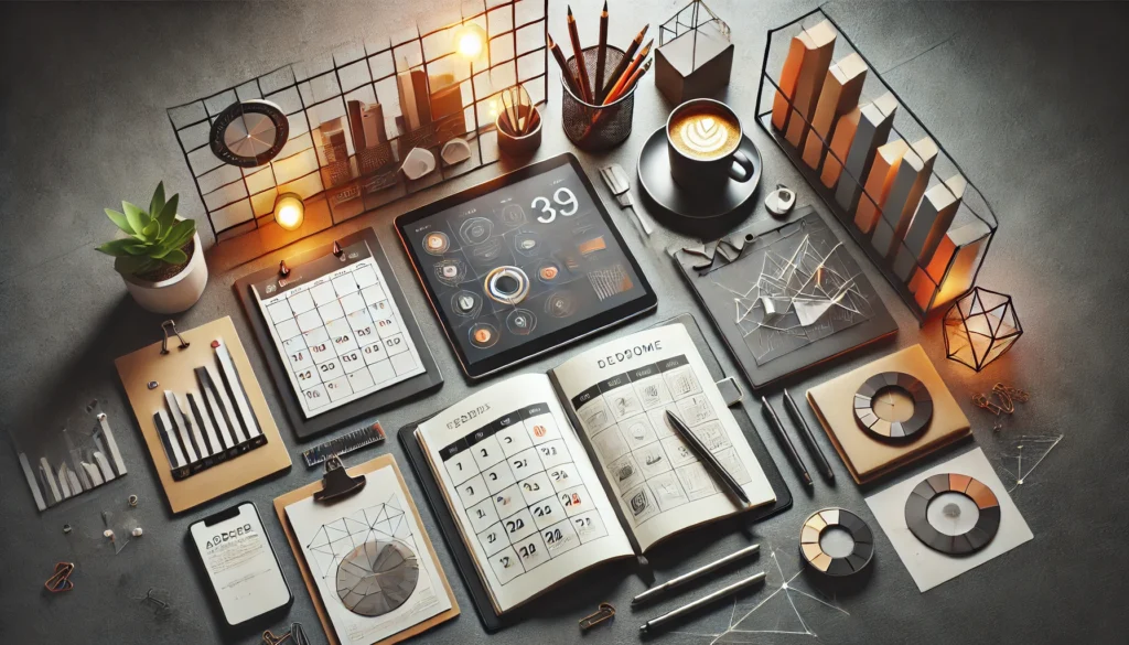 An overhead view of a meticulously organized workspace. The setup includes a tablet showing a calendar app, a coffee cup, pens, and an open notebook on a wooden desk. Geometric dividers hold documents, adding structure to the minimalist aesthetic, with warm lighting enhancing the cozy yet efficient vibe.