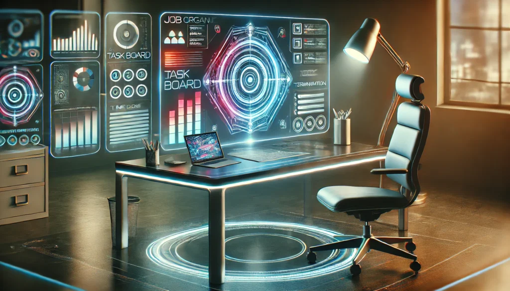 A futuristic workspace featuring a glowing holographic task board projected from a sleek desk setup. The hologram displays vibrant categories and timelines. The desk is accompanied by modern office accessories, a stylish ergonomic chair, and ambient LED lighting, creating a high-tech minimalist environment that exudes innovation and organization.