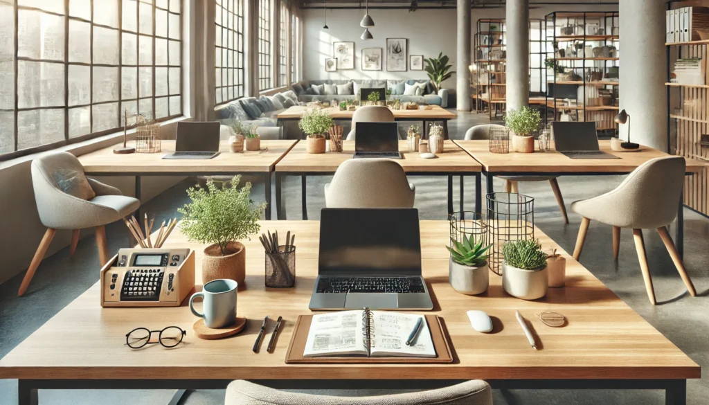 A serene coworking space with multiple neatly arranged workstations. Each desk features a laptop, a planner, and decorative elements like small potted plants. The room is bathed in natural light from large windows, with cozy seating areas in the background. The modern design emphasizes organization, focus, and collaborative productivity.