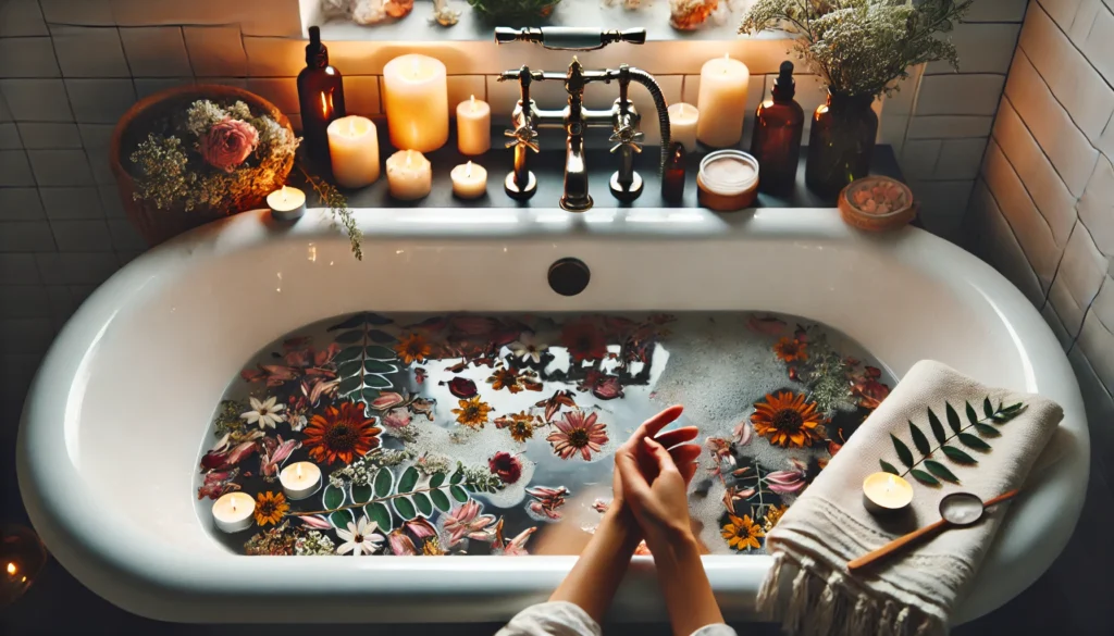 A cozy self-care moment with a person enjoying a warm bath filled with flower petals and essential oils. Soft candlelight surrounds the bathtub, and steam rises, highlighting stress relief through self-care routines.