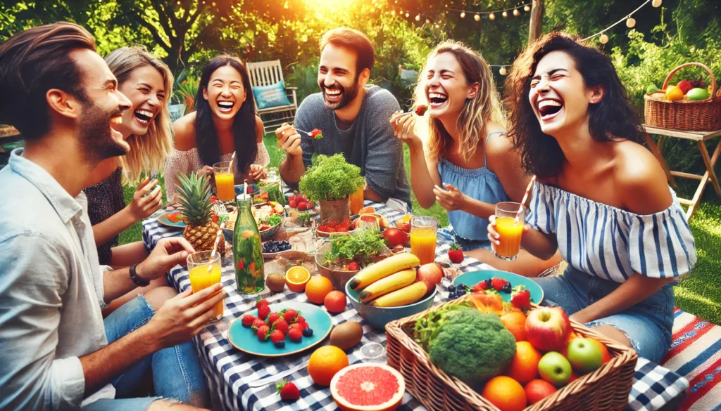 A vibrant outdoor picnic with friends laughing and sharing a healthy meal. The scene is filled with fresh fruits, drinks, and lush greenery, emphasizing the role of social connection and healthy eating in reducing stress.