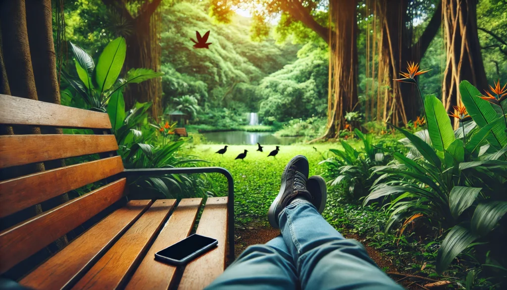 A person enjoying a digital detox in a green park, sitting on a wooden bench while watching birds and breathing in fresh air. Their phone is placed face down beside them, symbolizing a break from technology for mental relaxation.