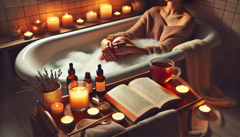 A cozy evening self-care scene featuring a person relaxing in a warm bubble bath, surrounded by soft candlelight and aromatic essential oils. A book and a cup of tea sit on a tray, emphasizing relaxation as a stress-relief lifestyle choice.