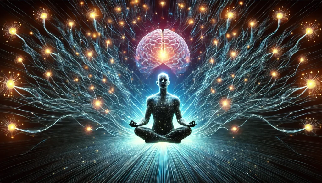 A conceptual artistic visualization of a meditating figure with a glowing brain, surrounded by pulsating neural connections radiating outward. The image represents the enhancement of memory and cognitive resilience through mindfulness practices.