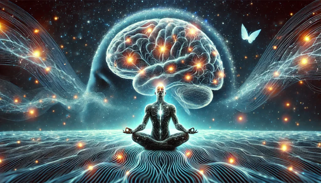 A conceptual artistic visualization of a glowing human brain with illuminated neural pathways, surrounded by a meditating figure emitting calming waves. The image represents meditation's role in strengthening neural connections and improving memory.