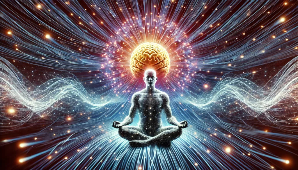 A conceptual artistic visualization of a meditating person with a glowing brain, surrounded by pulsating neural connections radiating outward. The image represents the enhancement of memory and cognitive function through meditation techniques.